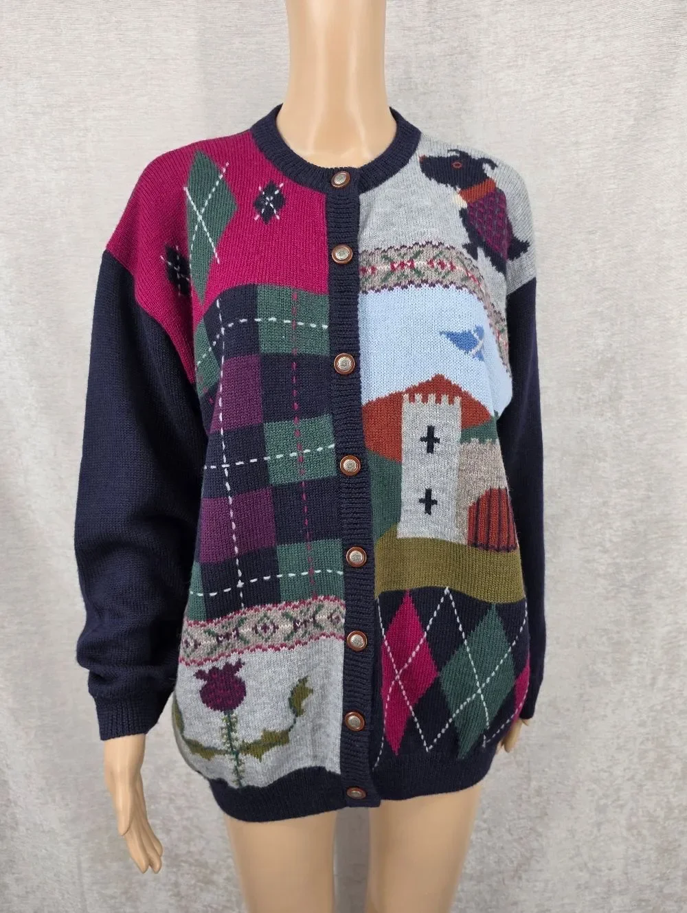 Tulchan Wool Navy Sweater Cardigan Argyle Plaid Scottie Dog Castle Dark Academia
